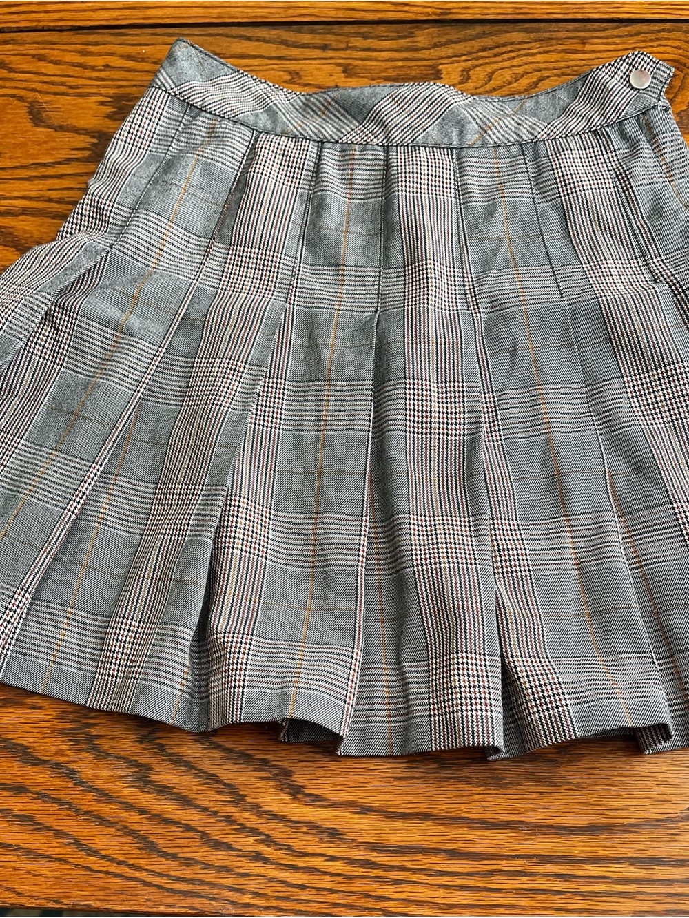 Plaid Pleated Mini Skirt in Gray Tan Blue Sz 2